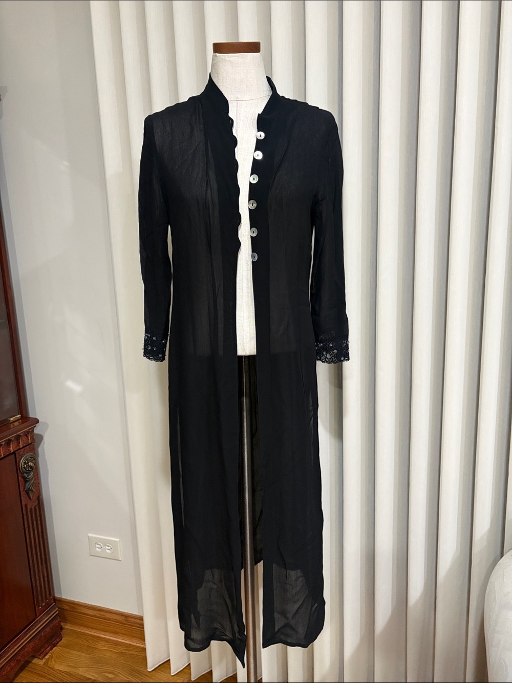 Black Long Sheer luxury duster with Button Front 3/4 sleeve lace sequins cuff M